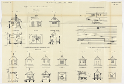 858553 Opstanden, doorsneden, plattegronden en situaties van het lokaal van de wagenmeesters en de treinsmid, van het ...